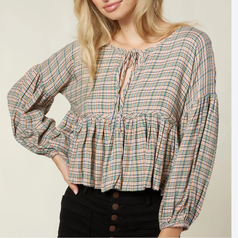 O’Neill Top Long Sleeve Orange Plaid Ruffle Oversized Womens XS Farm Boho Hippie